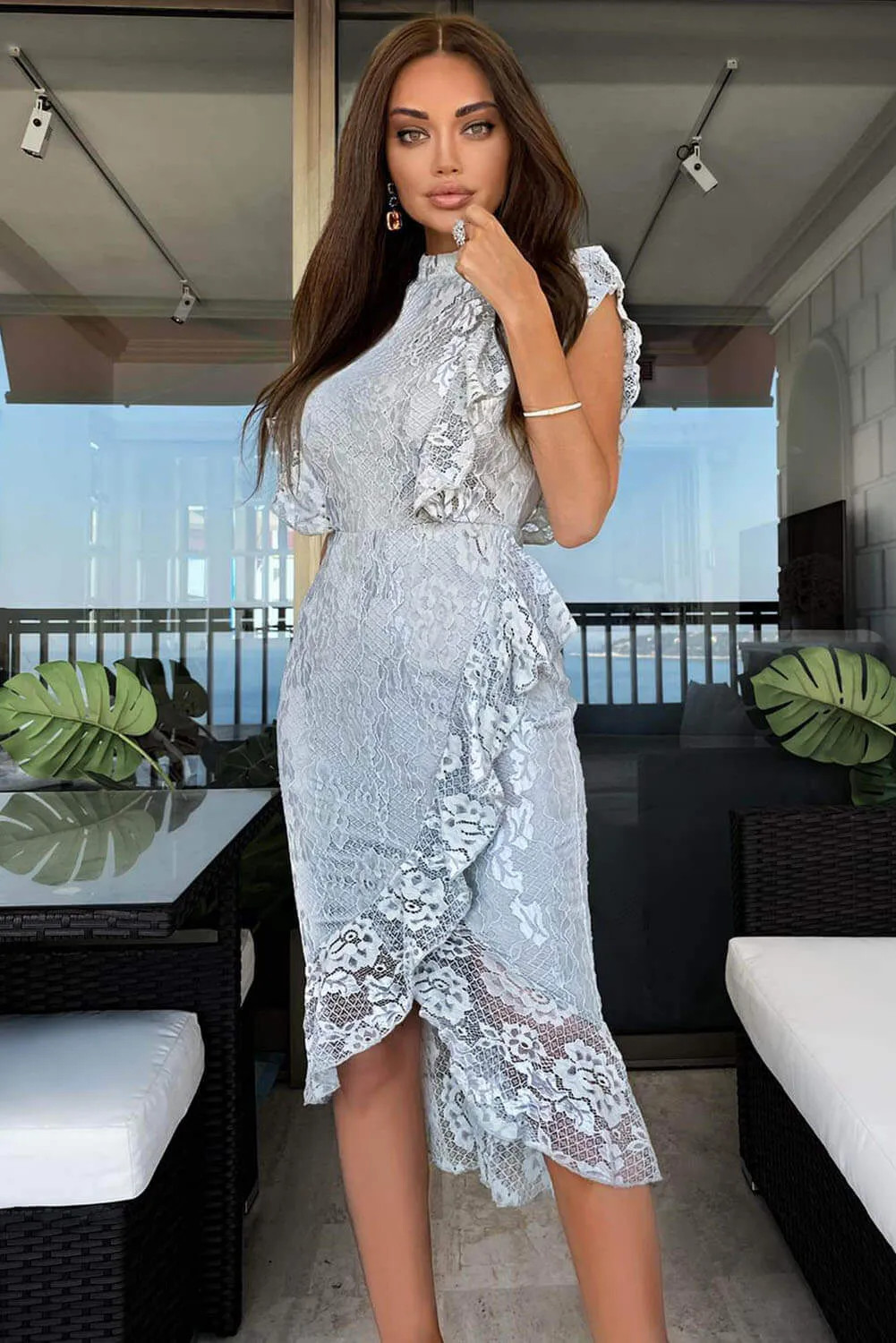 Sage Lace Fish Tail Frill Sleeve Midi Dress sold by AX Paris