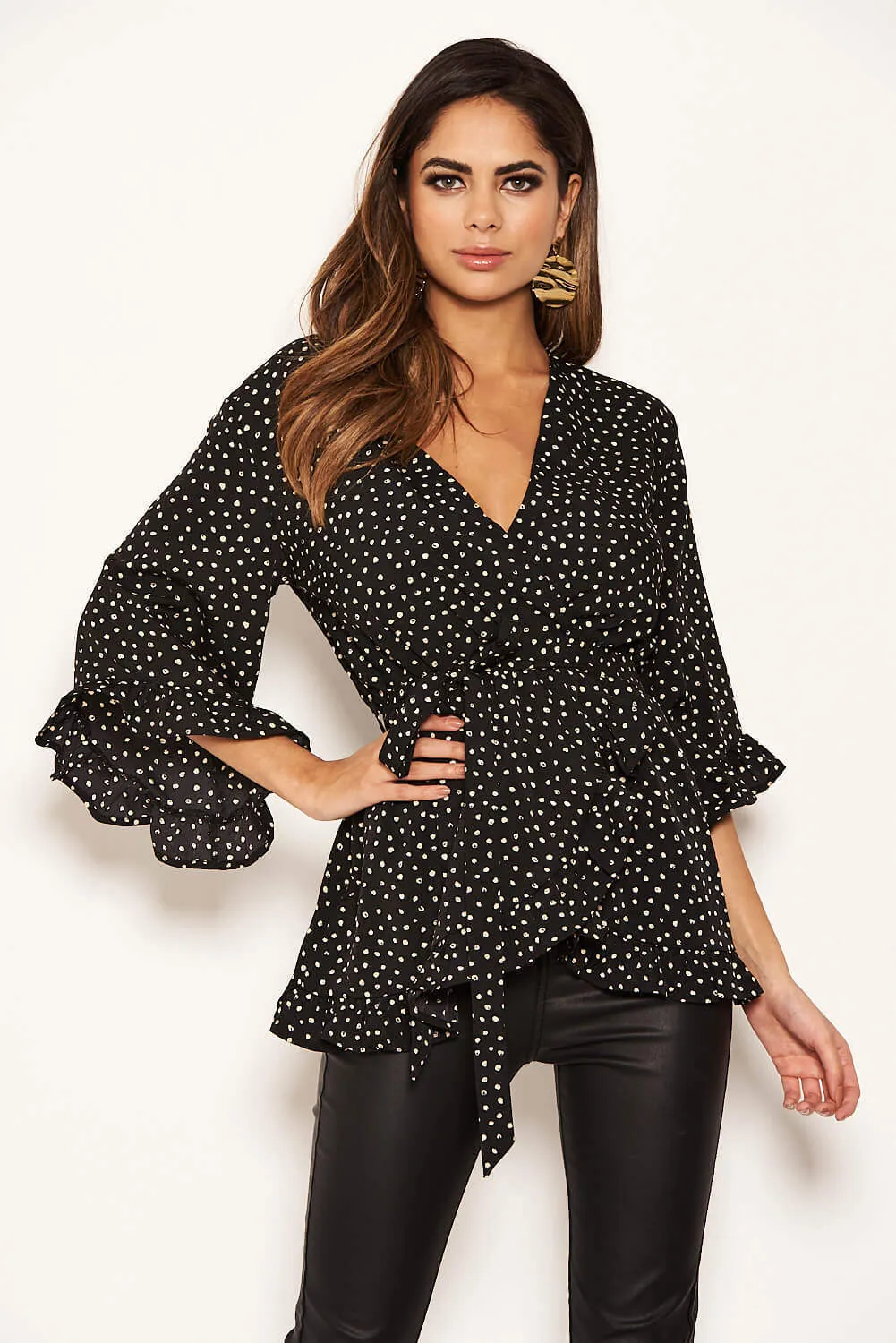 Black Frill Spotted Wrap Top sold by AX Paris product image thumbnail 3