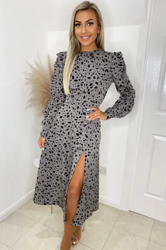 Grey Printed Long Pleated Sleeve Midi Dress sold by AX Paris