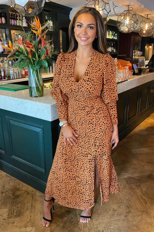 Tan Printed V-Neck Split Skirt Midi Dress sold by AX Paris