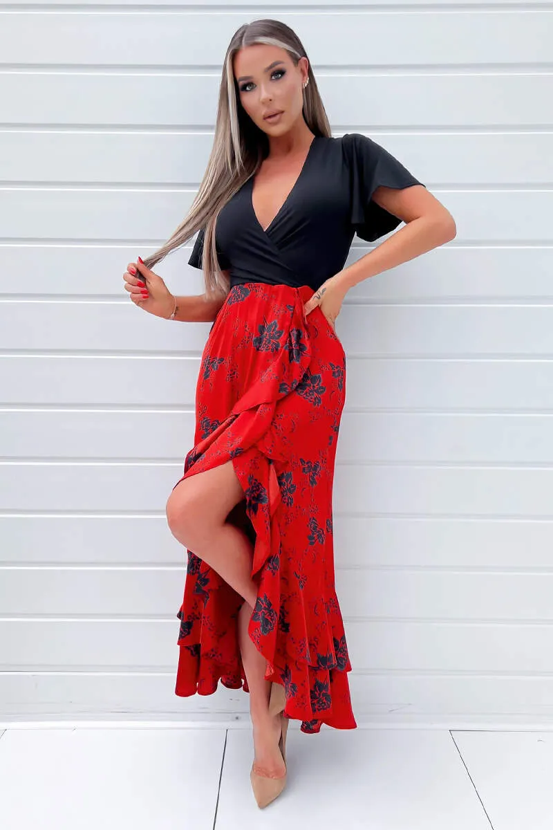 Black and Red 2 in 1 Floral Printed Wrap Midi Dress sold by AX Paris product image thumbnail 3