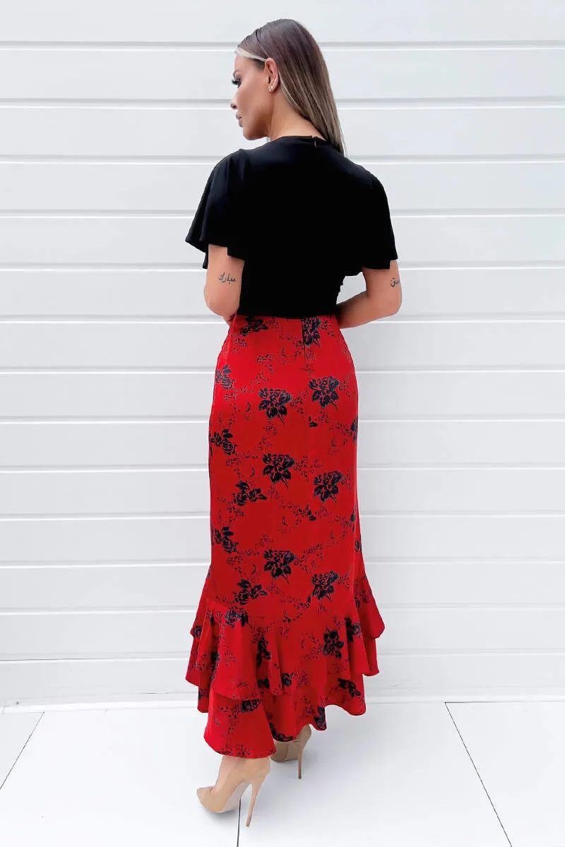 Black and Red 2 in 1 Floral Printed Wrap Midi Dress sold by AX Paris product image thumbnail 4