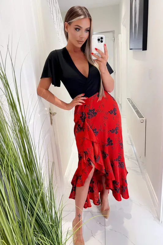 Black and Red 2 in 1 Floral Printed Wrap Midi Dress sold by AX Paris