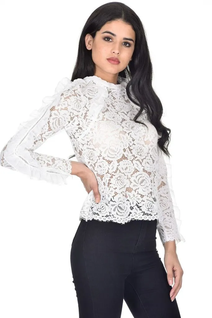 Cream High Neck Lace Ruffle Detail Top sold by AX Paris