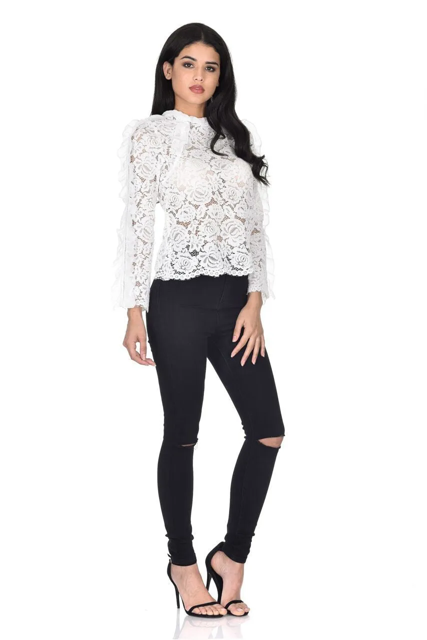 Cream High Neck Lace Ruffle Detail Top sold by AX Paris product image thumbnail 2