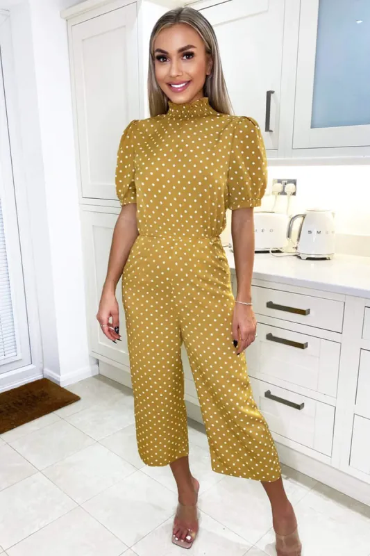 Mustard Polka Dot High Neck Culotte Jumpsuit sold by AX Paris