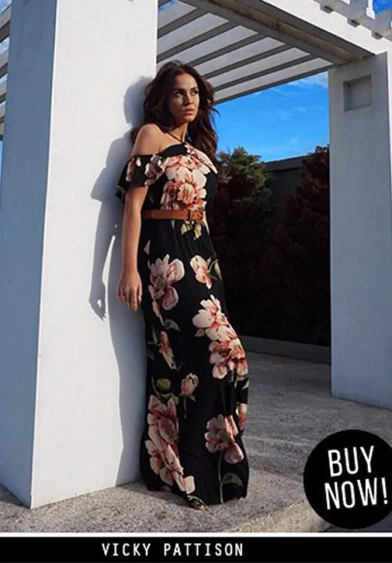 Black Strappy Floral Patterned Maxi Dress sold by AX Paris
