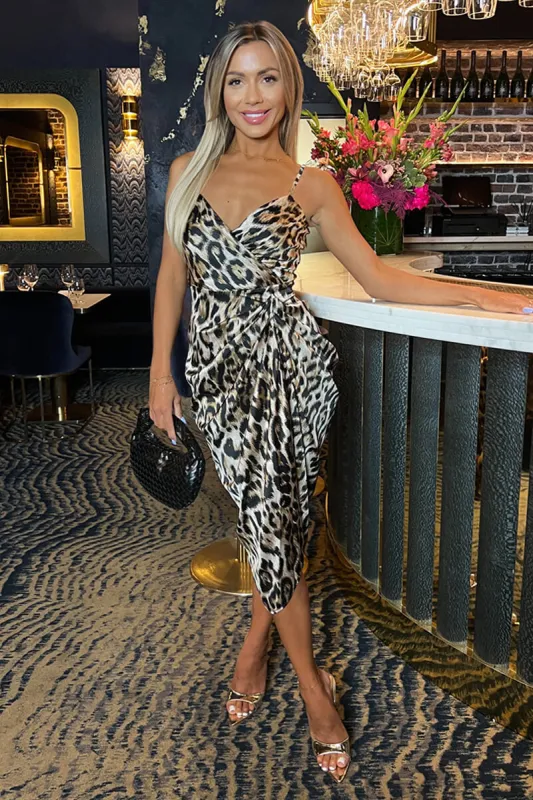 Multi Leopard Print Strappy Wrap Top Gathered Skirt Midi Dress sold by AX Paris