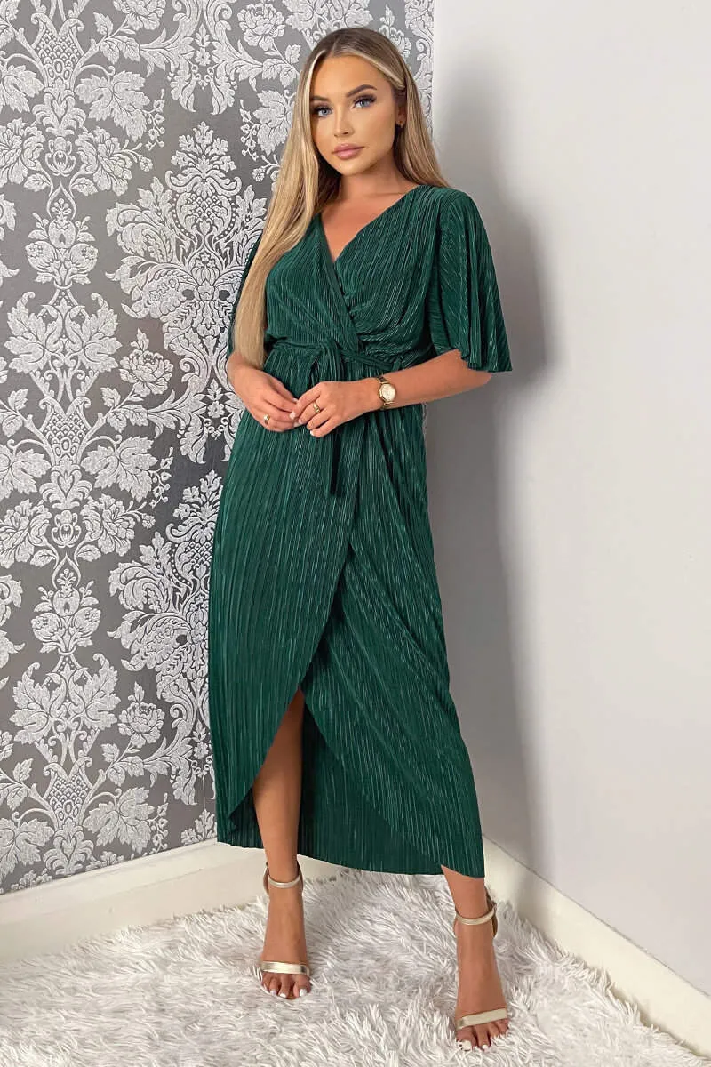 Green Wrap Top Belted Short Sleeve Plisse Midi Dress sold by AX Paris product image thumbnail 4