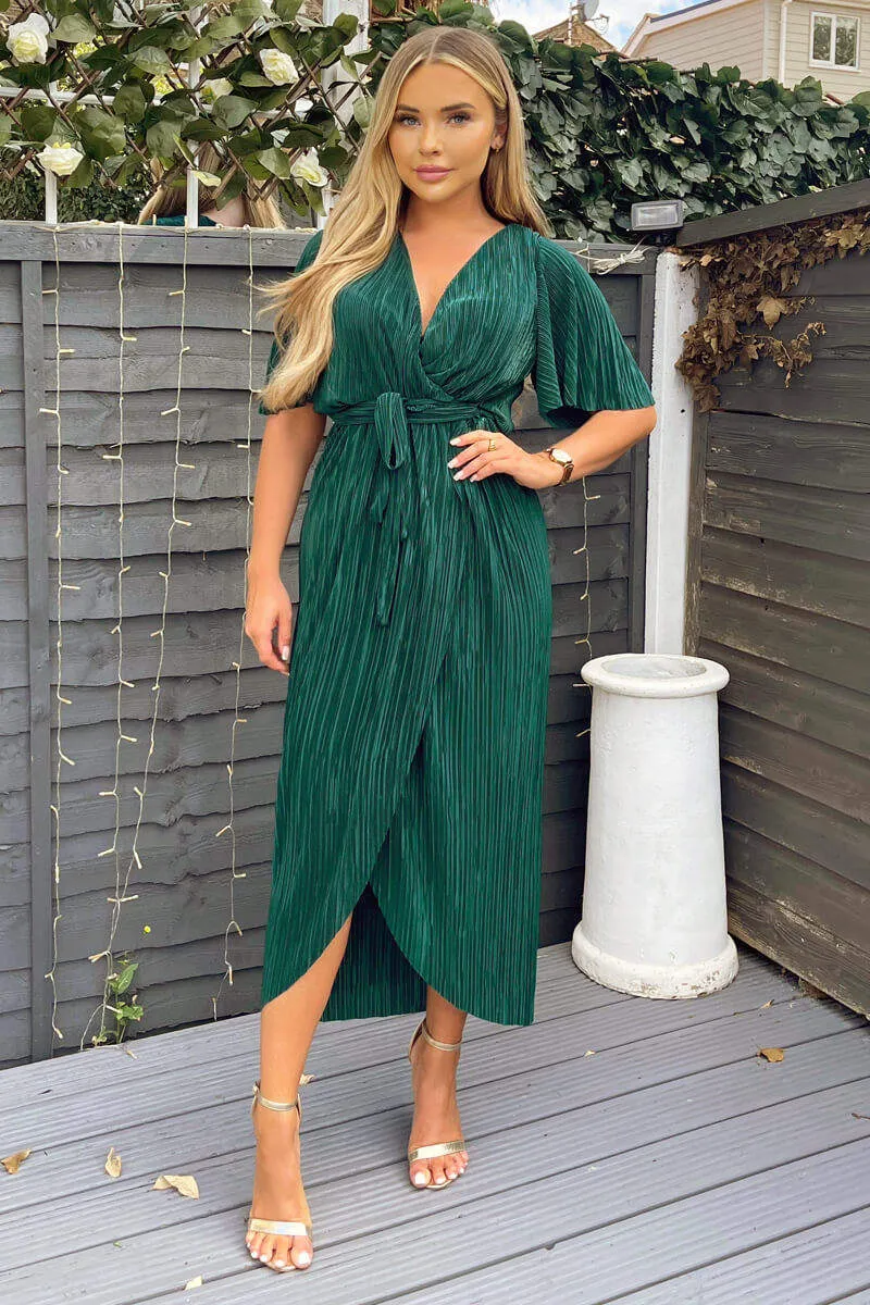 Green Wrap Top Belted Short Sleeve Plisse Midi Dress sold by AX Paris