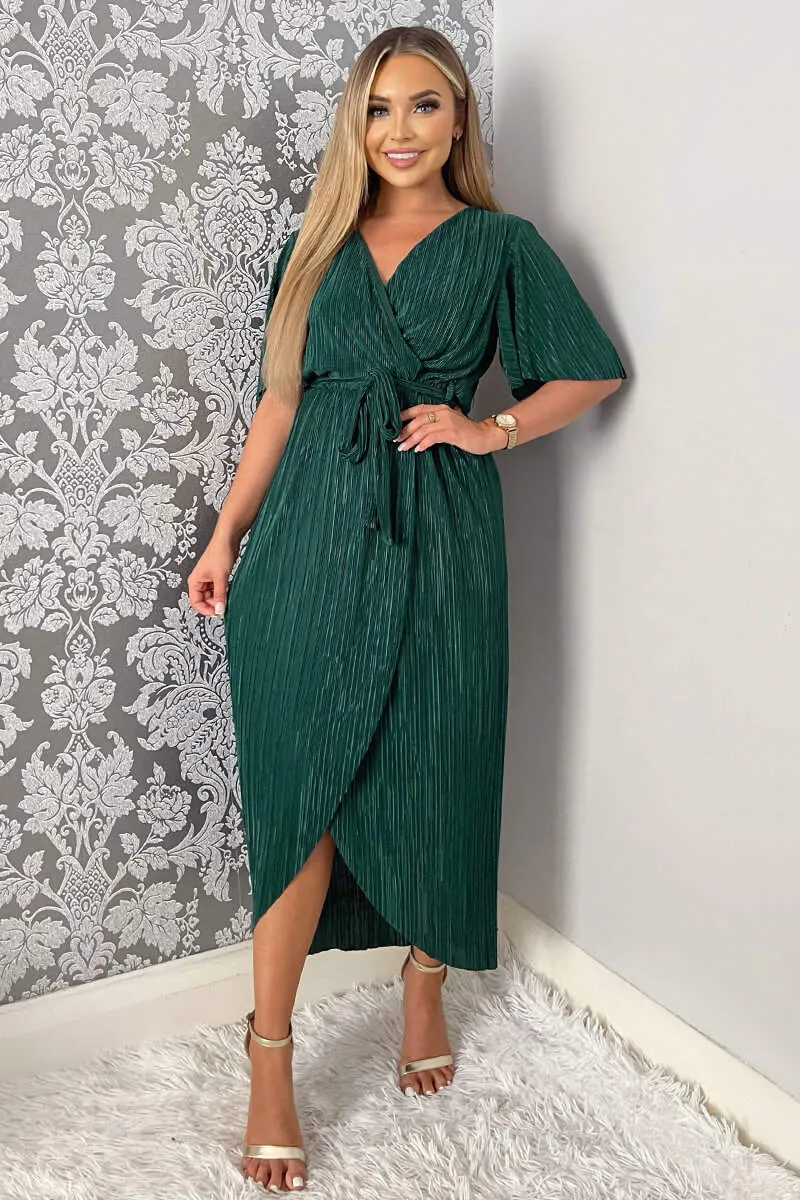 Green Wrap Top Belted Short Sleeve Plisse Midi Dress sold by AX Paris product image thumbnail 3