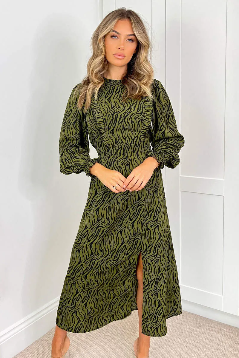Khaki Animal Print Long Sleeve Ruffle Front Midi Dress sold by AX Paris product image thumbnail 2