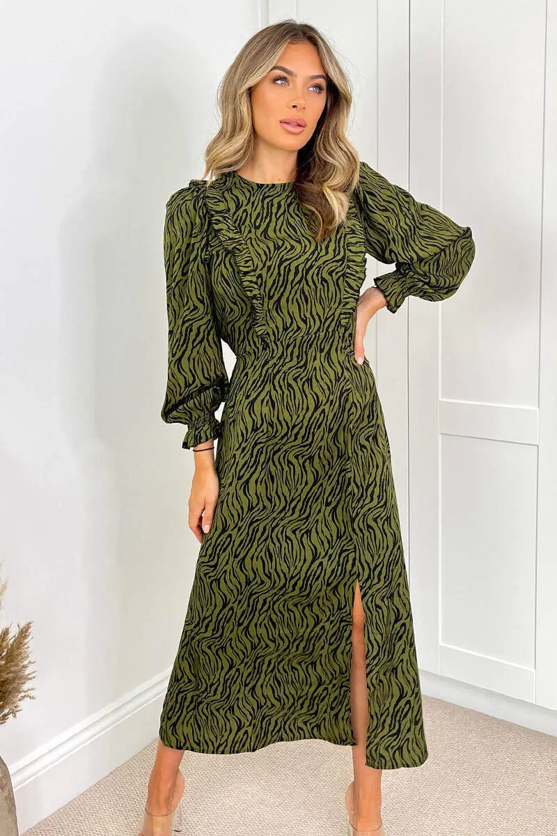 Khaki Animal Print Long Sleeve Ruffle Front Midi Dress sold by AX Paris product image thumbnail 3