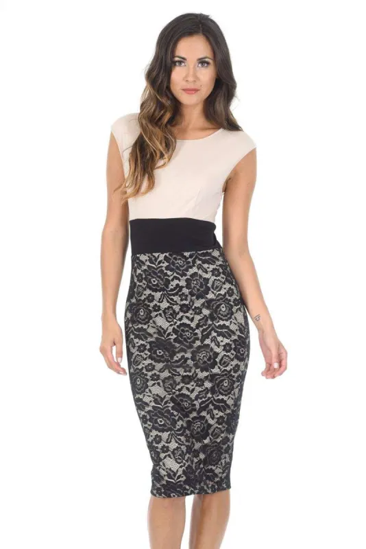 Nude and Black 2 in 1 Midi Dress sold by AX Paris