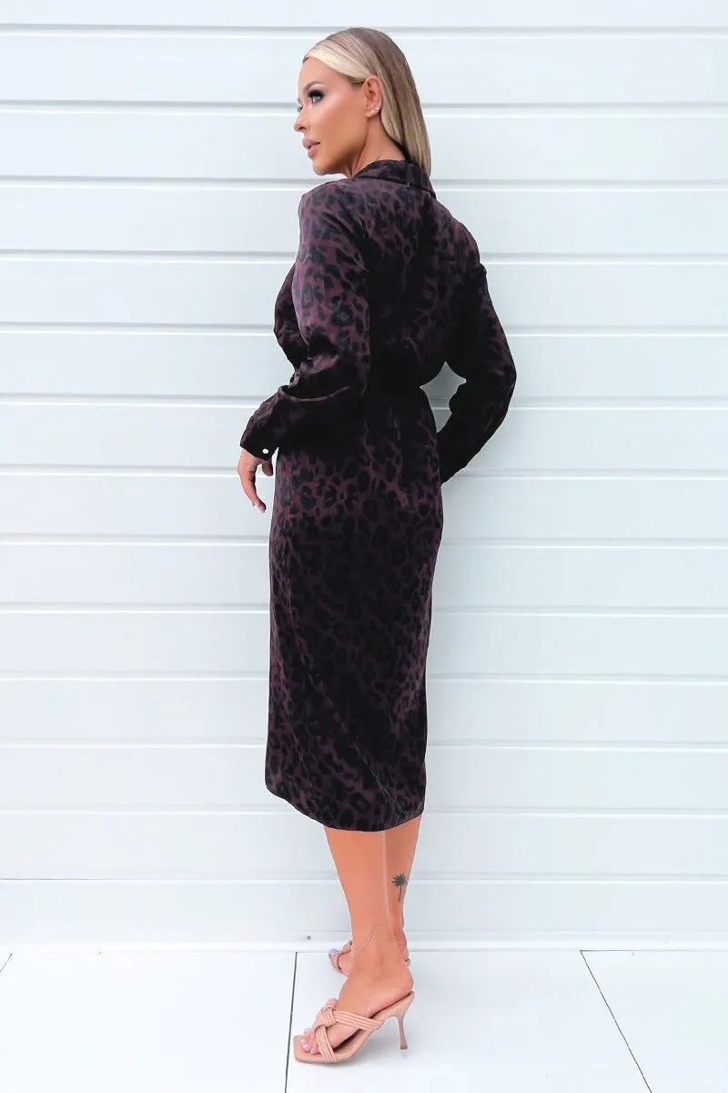 Plum Animal Print Long Sleeve Wrap Midi Dress With Gold Buttons sold by AX Paris product image thumbnail 3