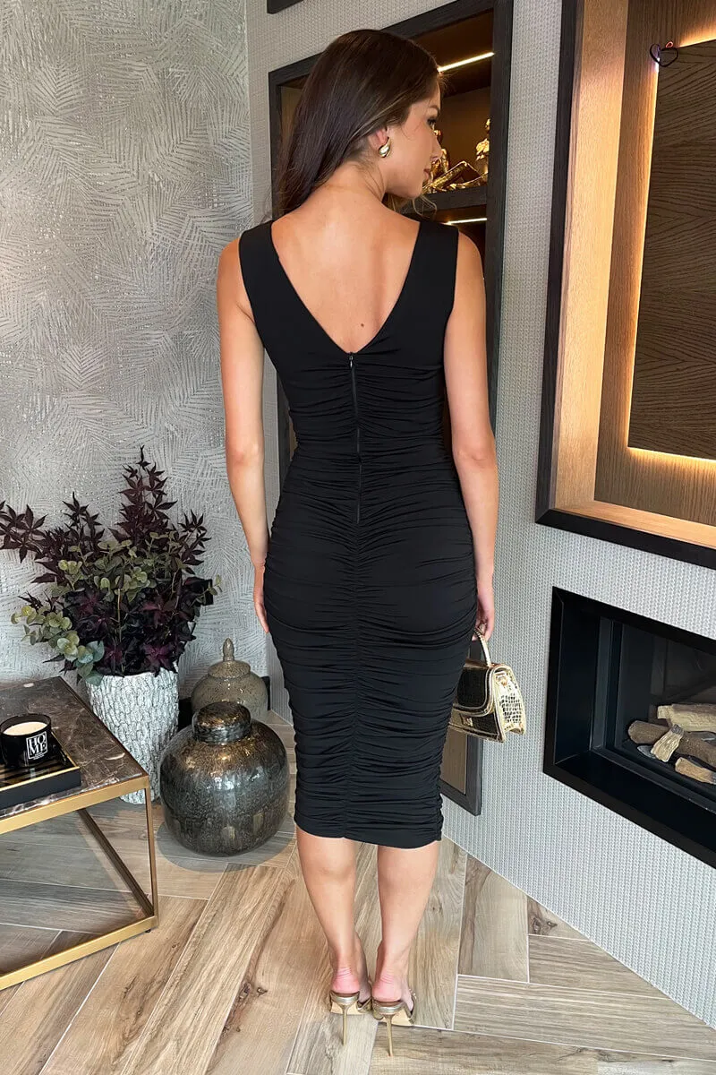 Black V Neck Ruched Bodycon Midi Dress sold by AX Paris product image thumbnail 5