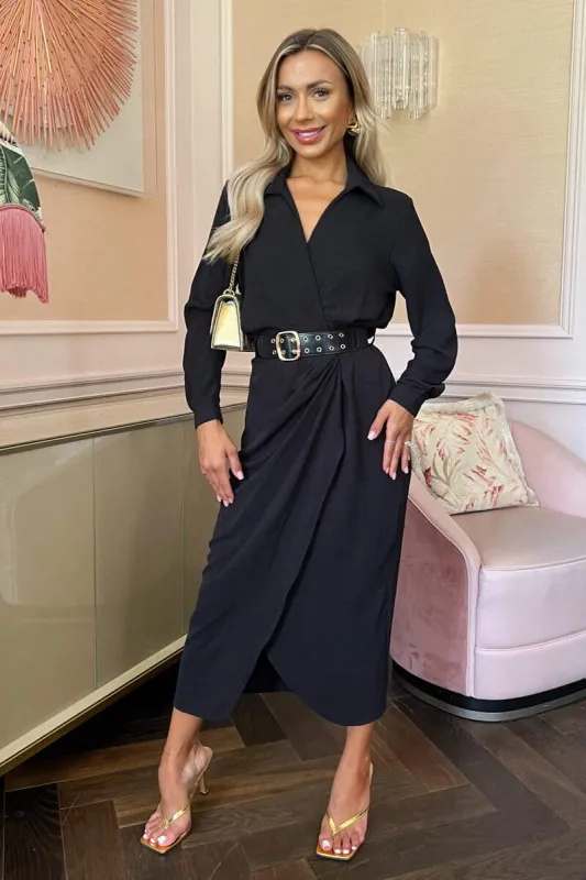 Black Belted Wrap Midi Shirt Dress sold by AX Paris