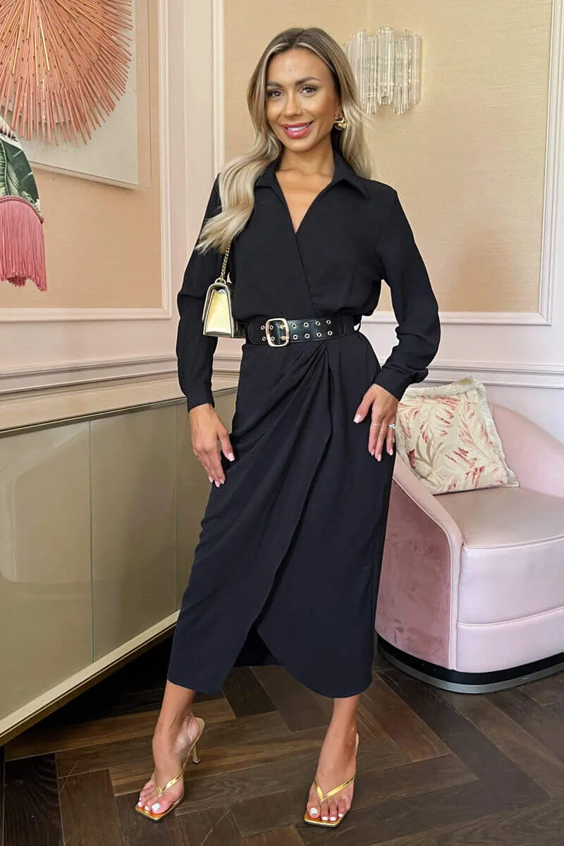 Black Belted Wrap Midi Shirt Dress sold by AX Paris