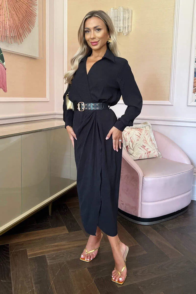 Black Belted Wrap Midi Shirt Dress sold by AX Paris product image thumbnail 2