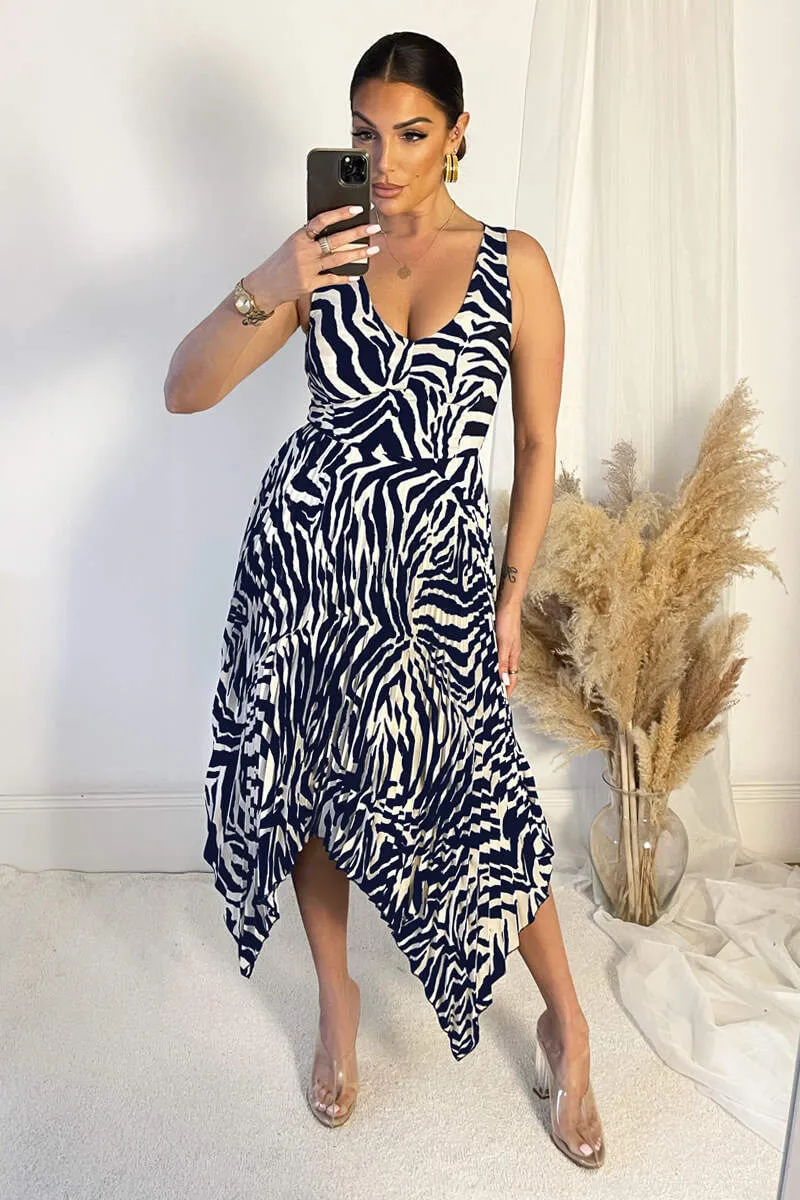 Navy And Cream Printed V Neck Zig Zag Hem Pleated Midi Dress sold by AX Paris