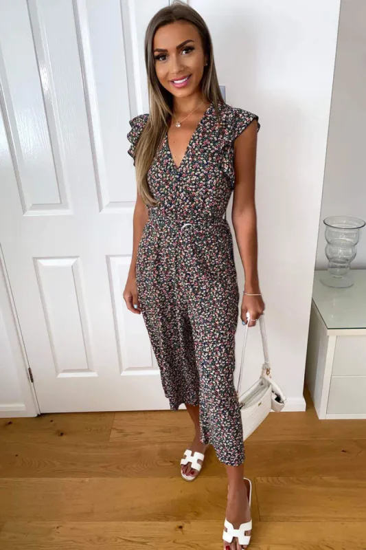 Black Floral Wrap Jumpsuit sold by AX Paris
