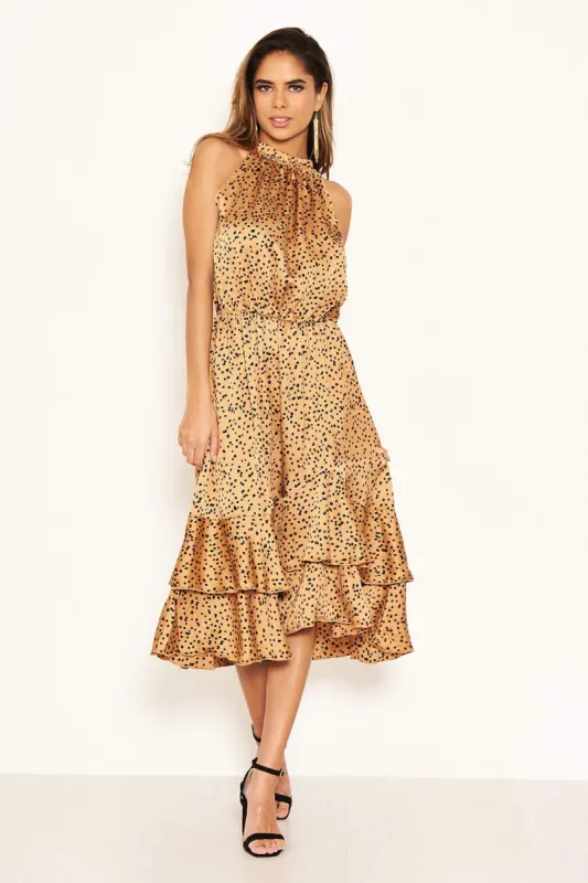 Camel Spotty High Ruffle Neck Midi Dress sold by AX Paris