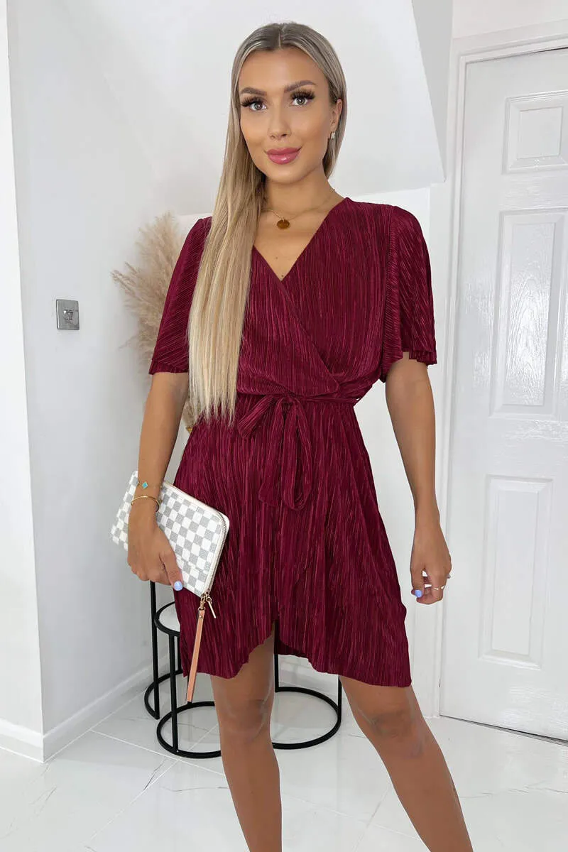 Wine Wrap Top Belted Short Sleeve Plisse Mini Dress sold by AX Paris