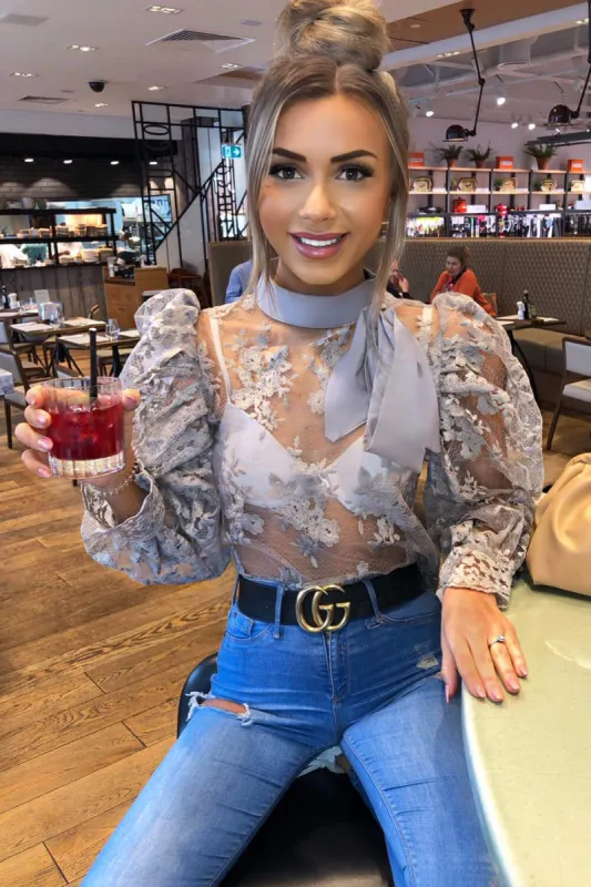 Silver Embroidered Puff Sleeve Tie Neck Top sold by AX Paris