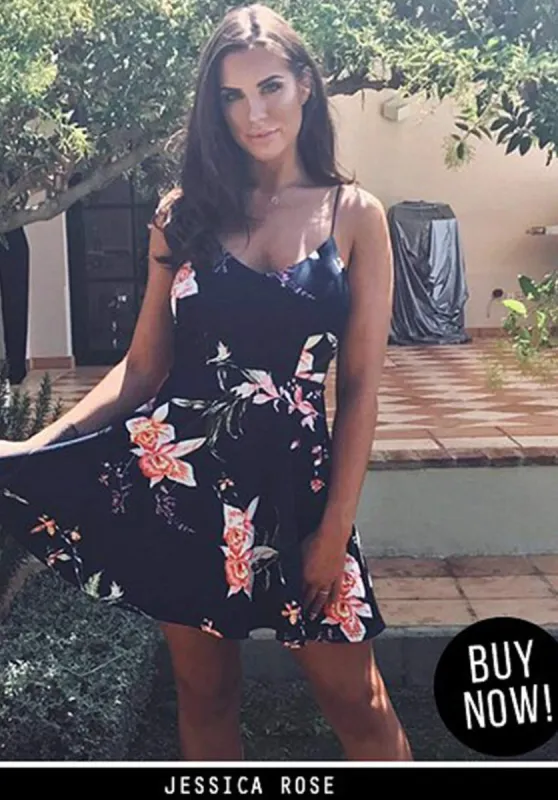 Navy Floral V-Neck Strappy Skater Dress sold by AX Paris