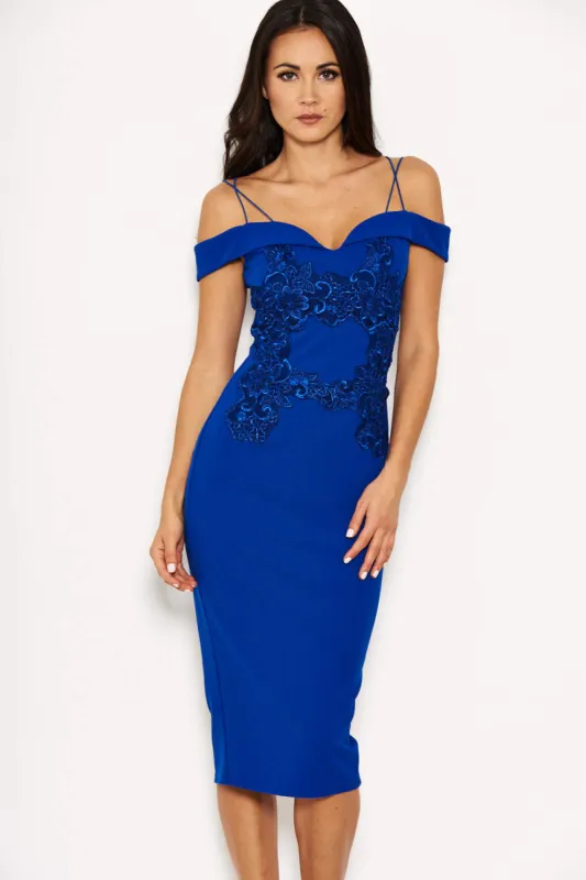 Blue Off The Shoulder Lace Midi Dress With Delicate Straps sold by AX Paris