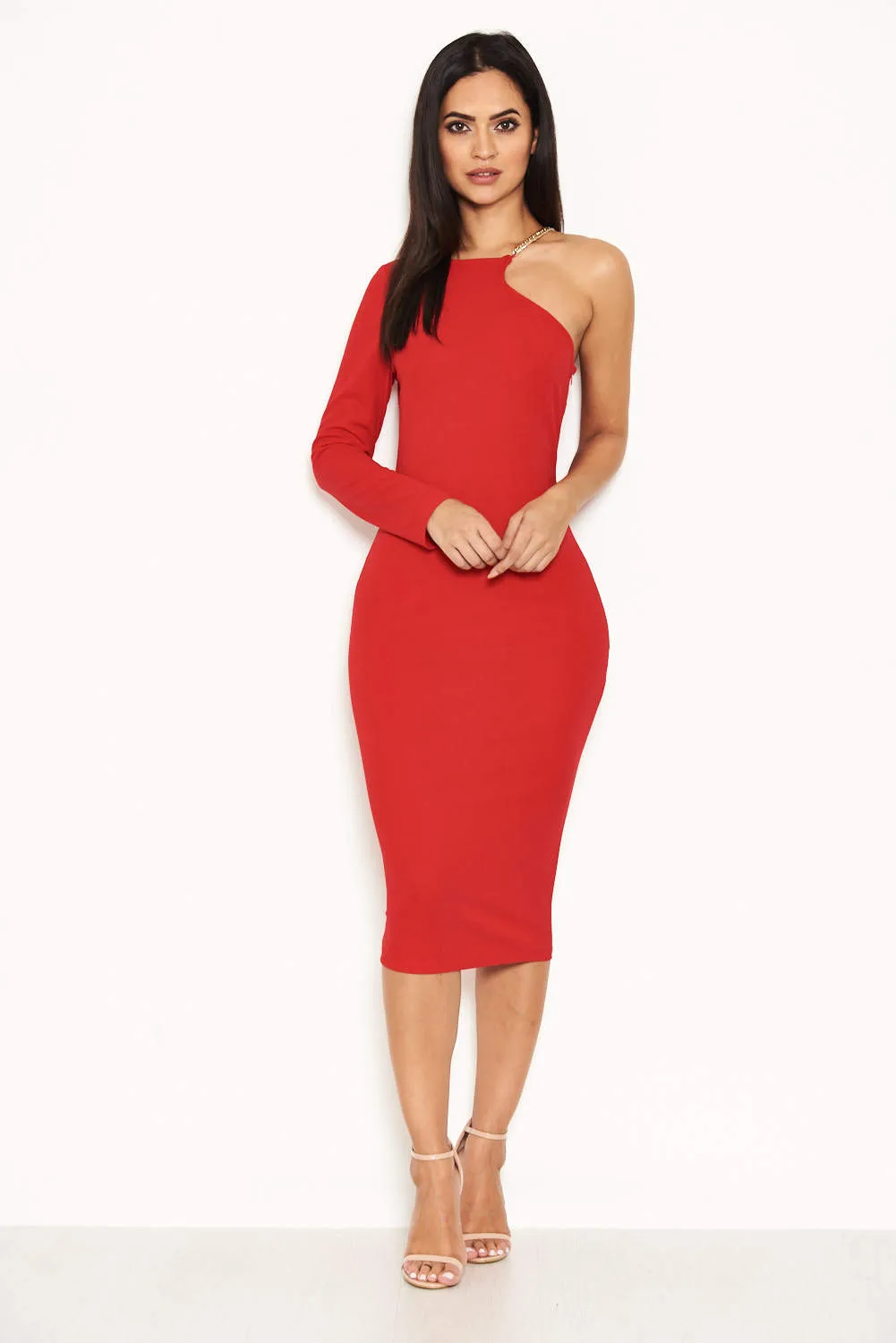 Red One Shoulder Dress With Chain Detail sold by AX Paris product image thumbnail 2