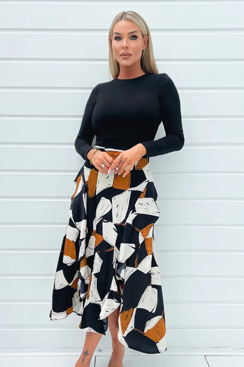 Multi Geometric Print 2 in 1 Long Sleeve Double Frill Split Midi Dress sold by AX Paris product image thumbnail 2