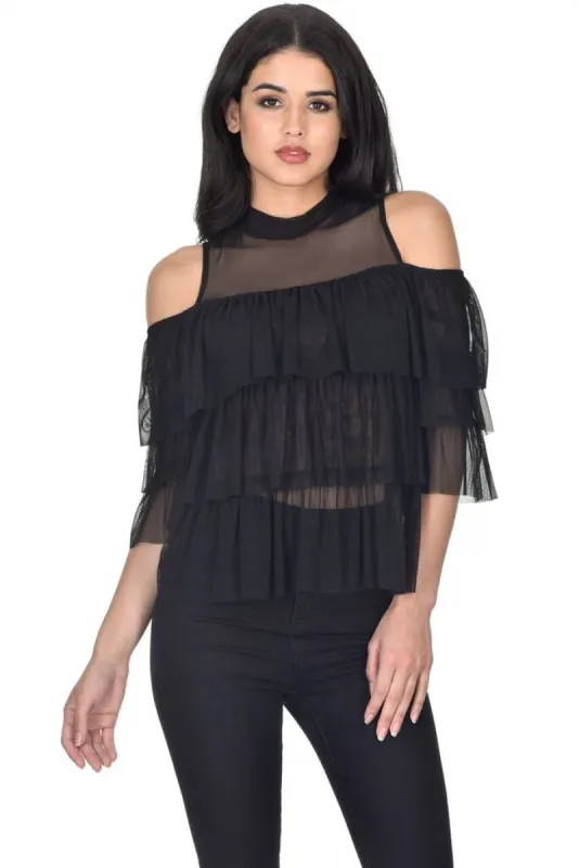 Black Frill Detail Sheer Top sold by AX Paris