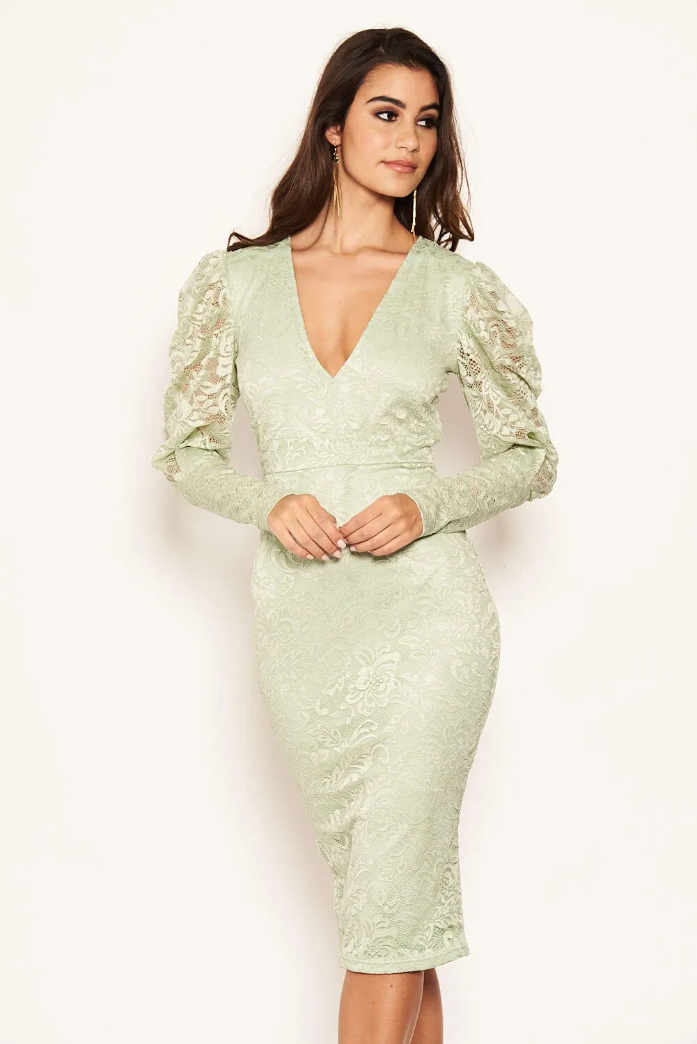 Sage Lace Puff Sleeve Midi Dress sold by AX Paris product image thumbnail 3