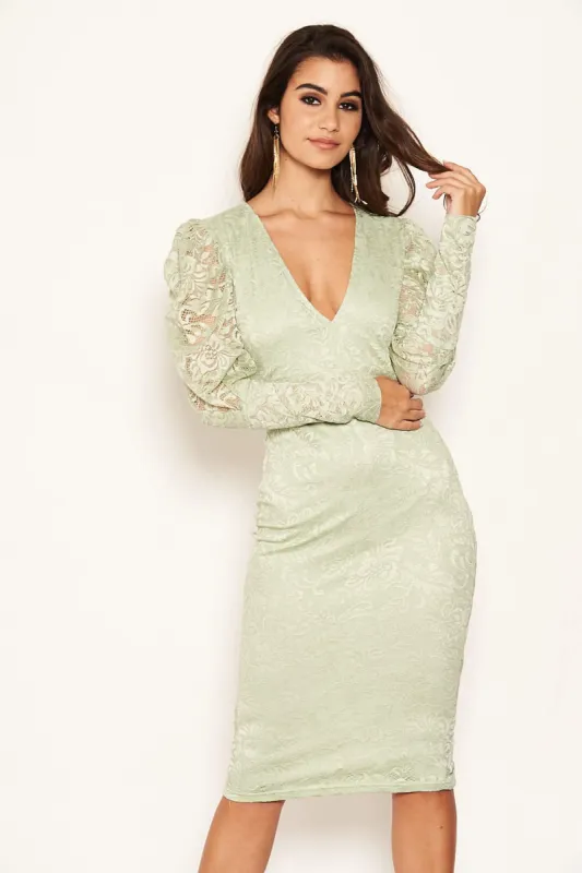 Sage Lace Puff Sleeve Midi Dress sold by AX Paris