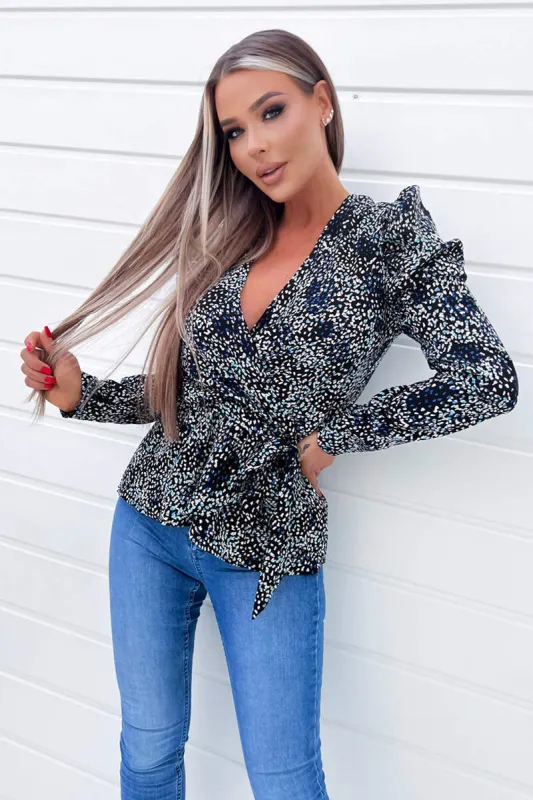 Black And Blue Printed Belted Wrap Top sold by AX Paris