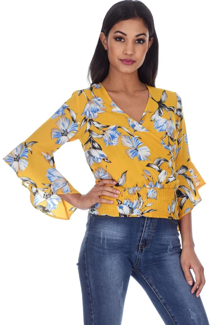 Yellow Floral Top With Flared Sleeves sold by AX Paris