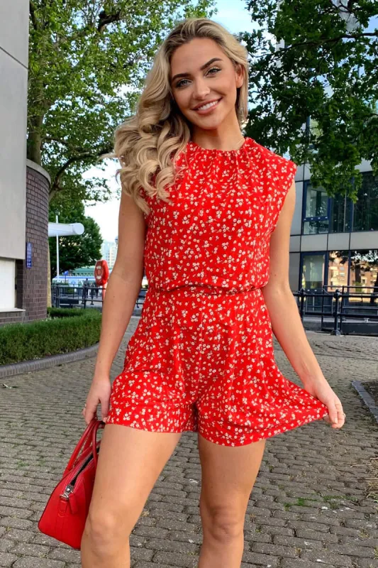 Red Floral Sleeveless Playsuit sold by AX Paris