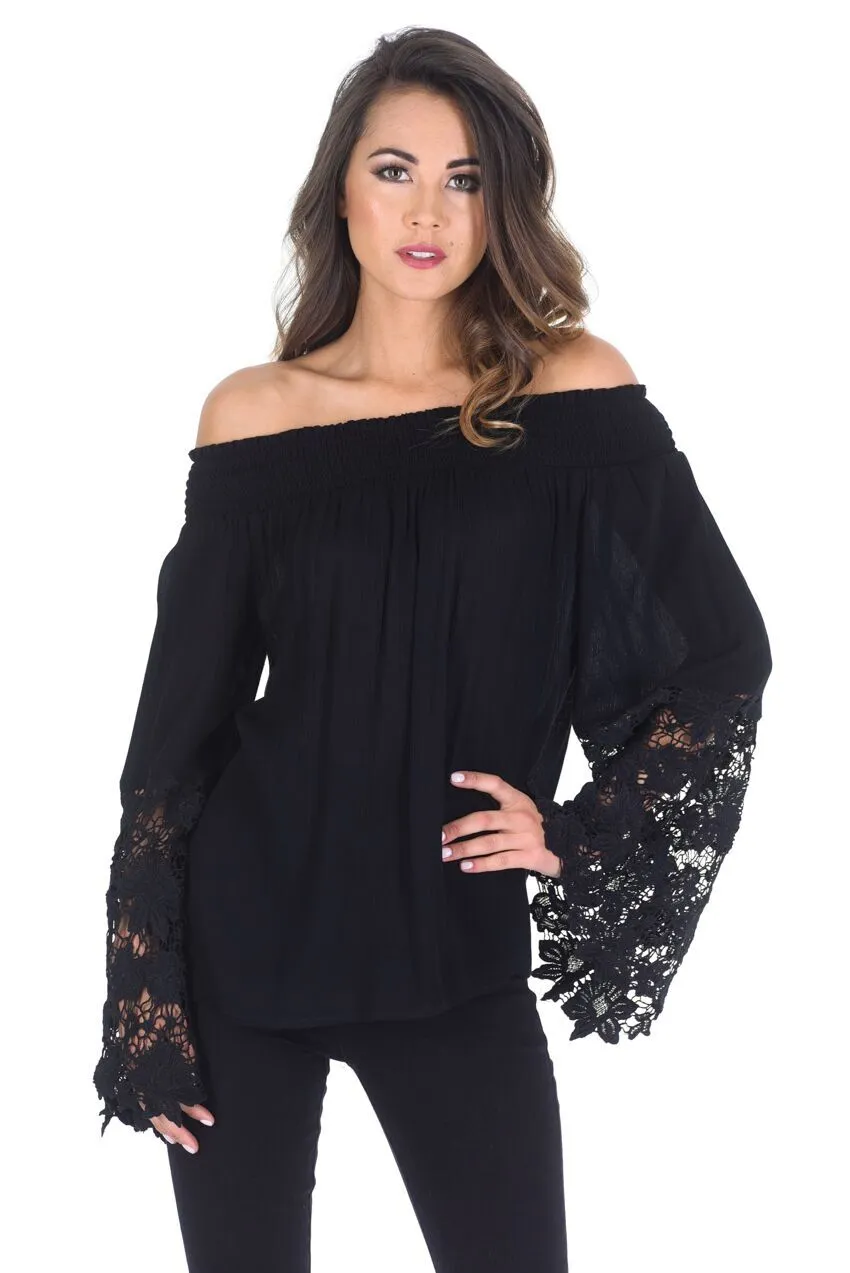 Black Bardot Top with Crochet Sleeves sold by AX Paris