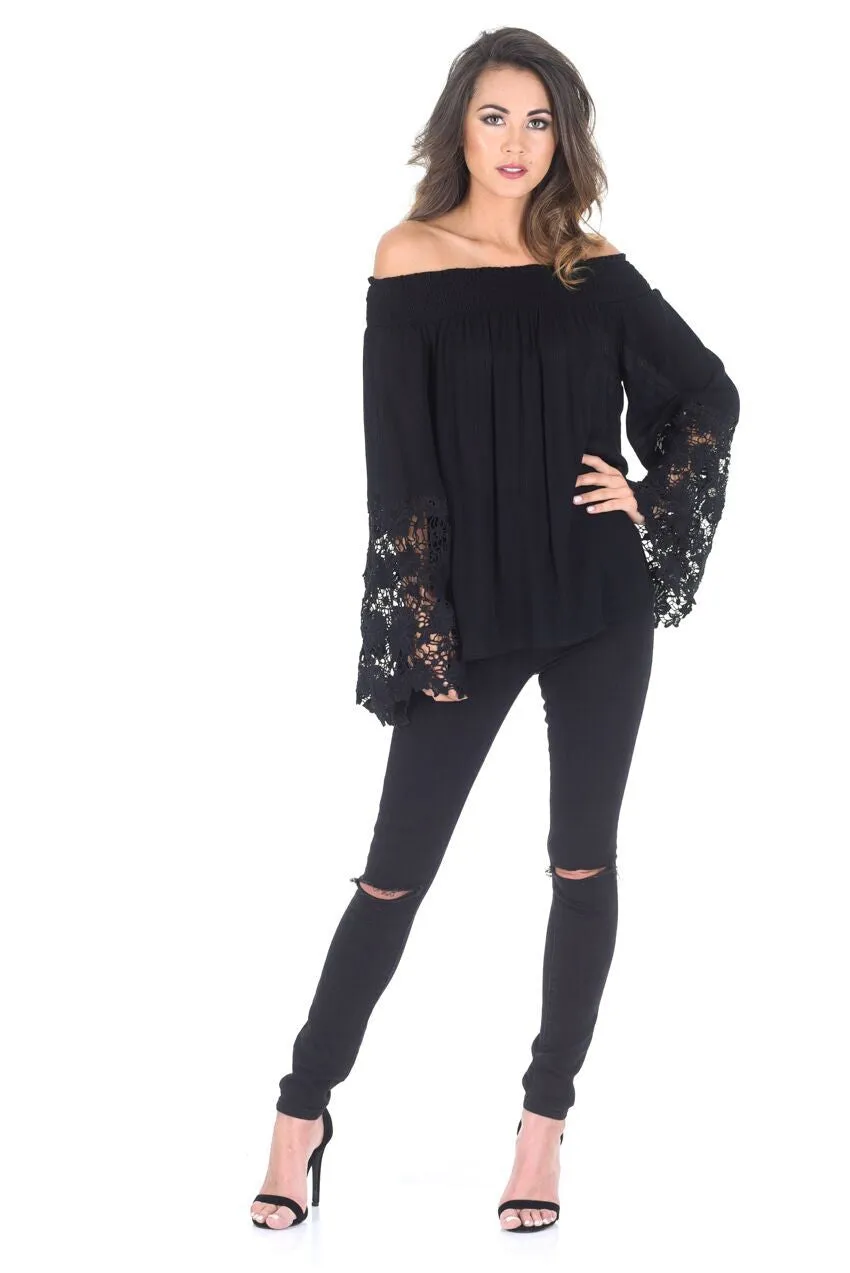 Black Bardot Top with Crochet Sleeves sold by AX Paris product image thumbnail 2