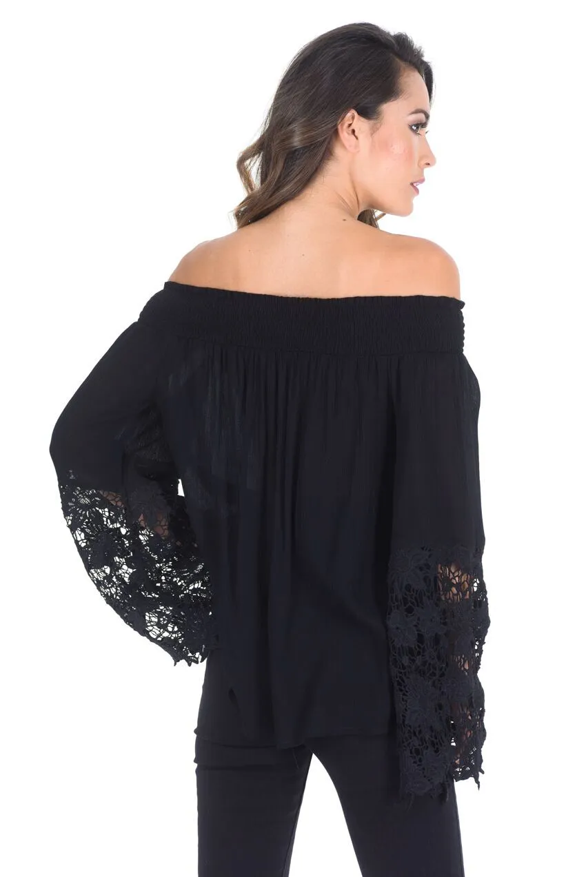 Black Bardot Top with Crochet Sleeves sold by AX Paris product image thumbnail 3