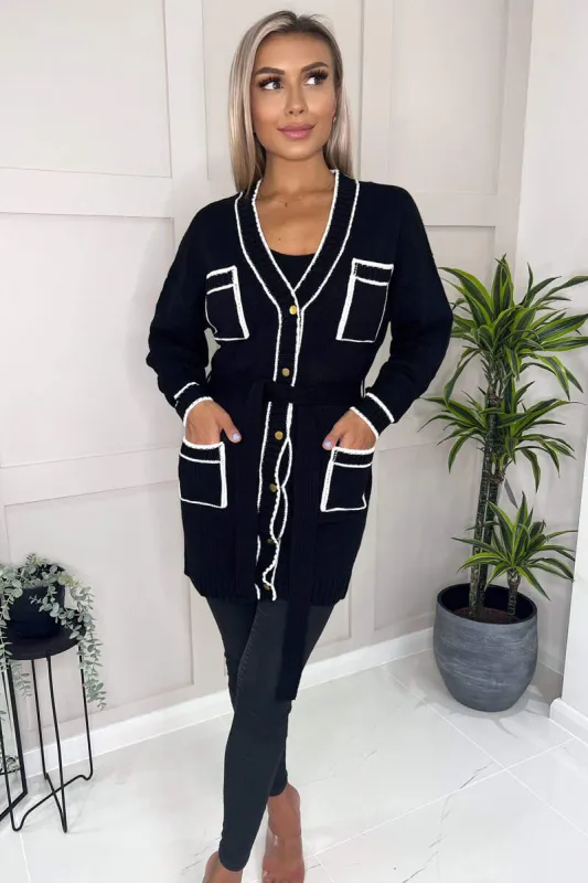 Black and White Contrast Detail Knitted Cardigan sold by AX Paris