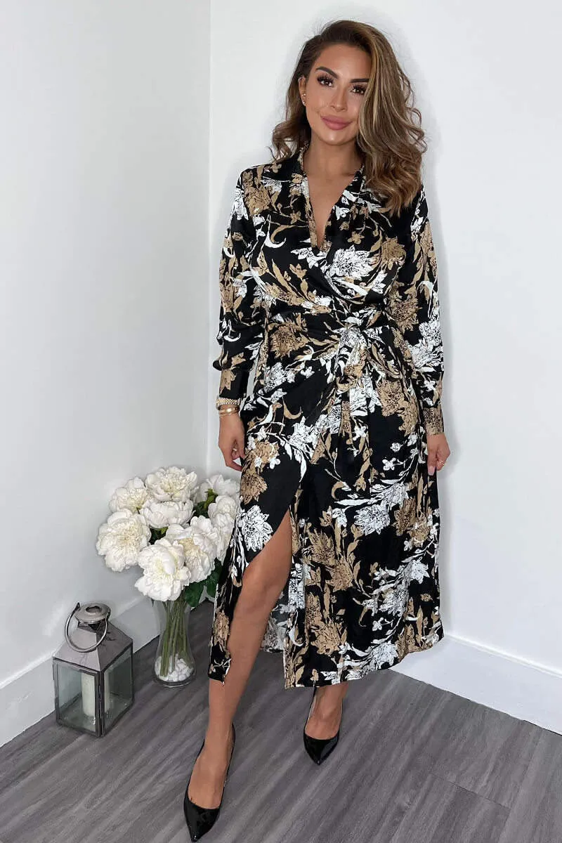 Black Floral Print Wrap Side Tie Midi Dress sold by AX Paris product image thumbnail 2