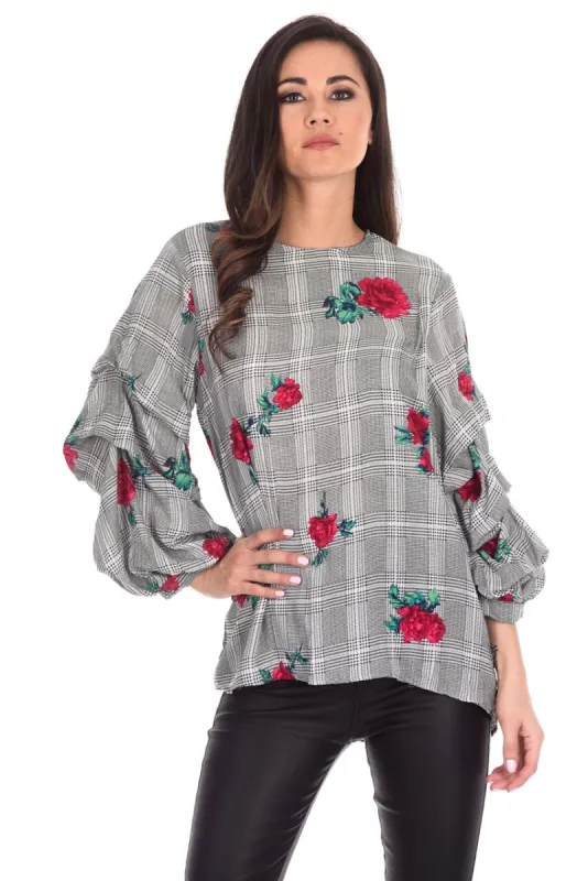 Black Floral Print Ruffle Sleeve Top sold by AX Paris