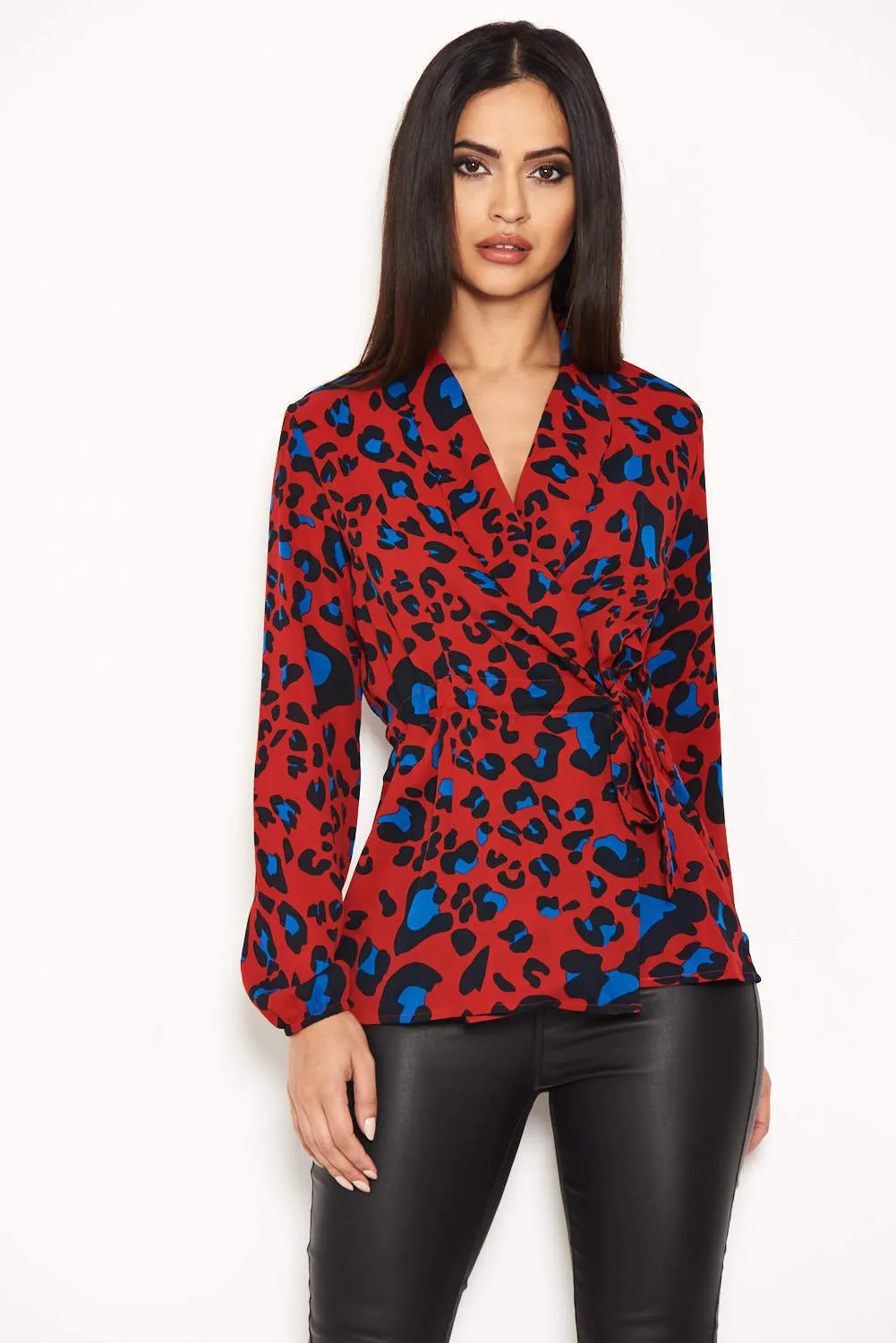 Red Animal Print Waist Tie Blouse sold by AX Paris