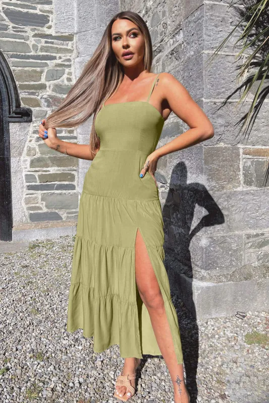 Khaki Strappy Smock Midi Dress sold by AX Paris