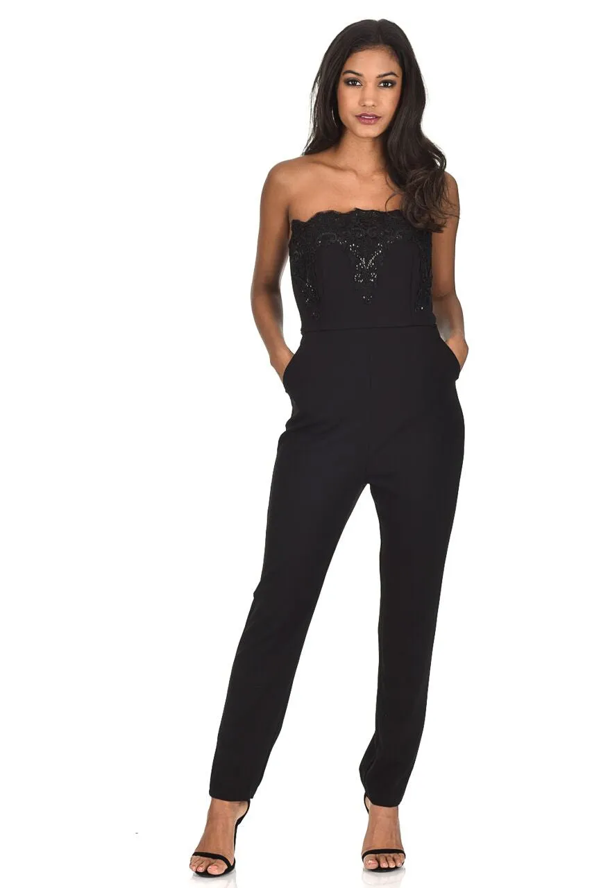 Black Strapless Lace Embellished Jumpsuit sold by AX Paris