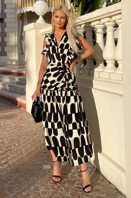 Black and Cream Abstract Print Button Front Midi Dress sold by AX Paris