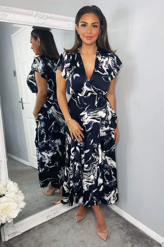 Navy Marble Print Short Sleeve Ruffle Midi Dress sold by AX Paris