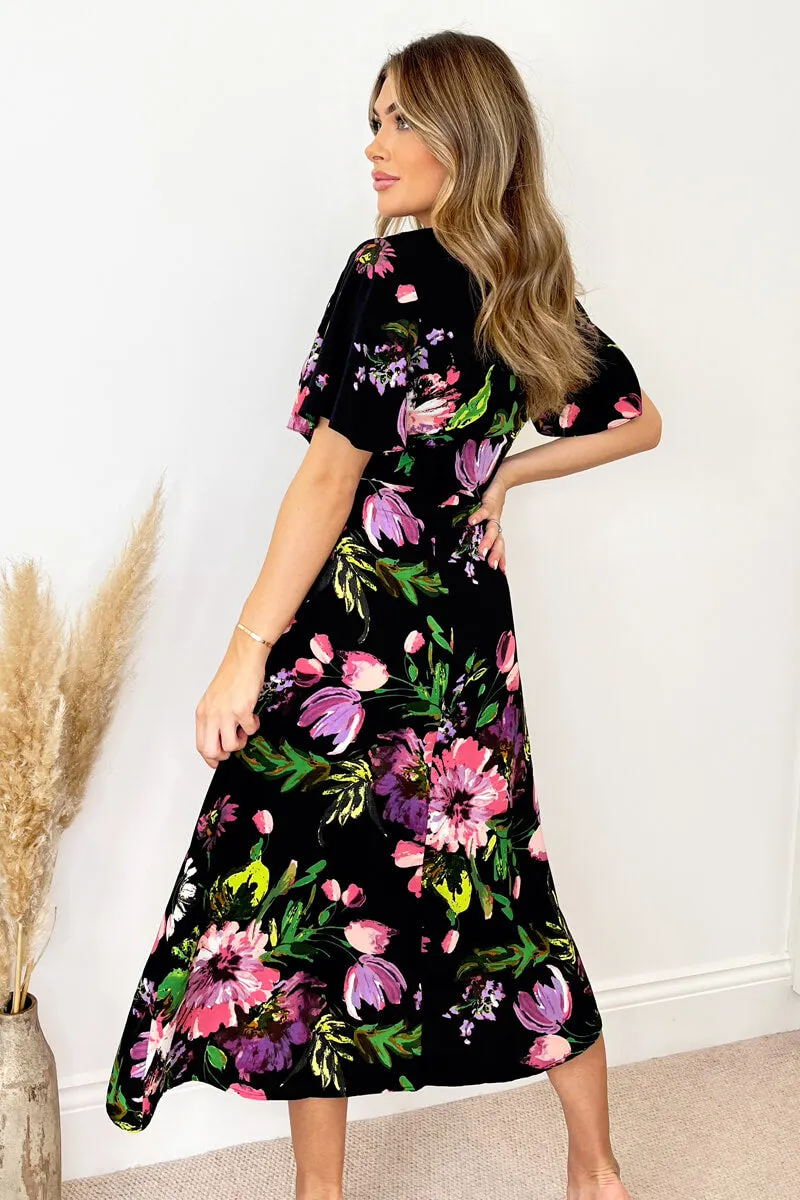 Black Floral Printed Short Sleeve Gathered Side Midi Dress sold by AX Paris product image thumbnail 5